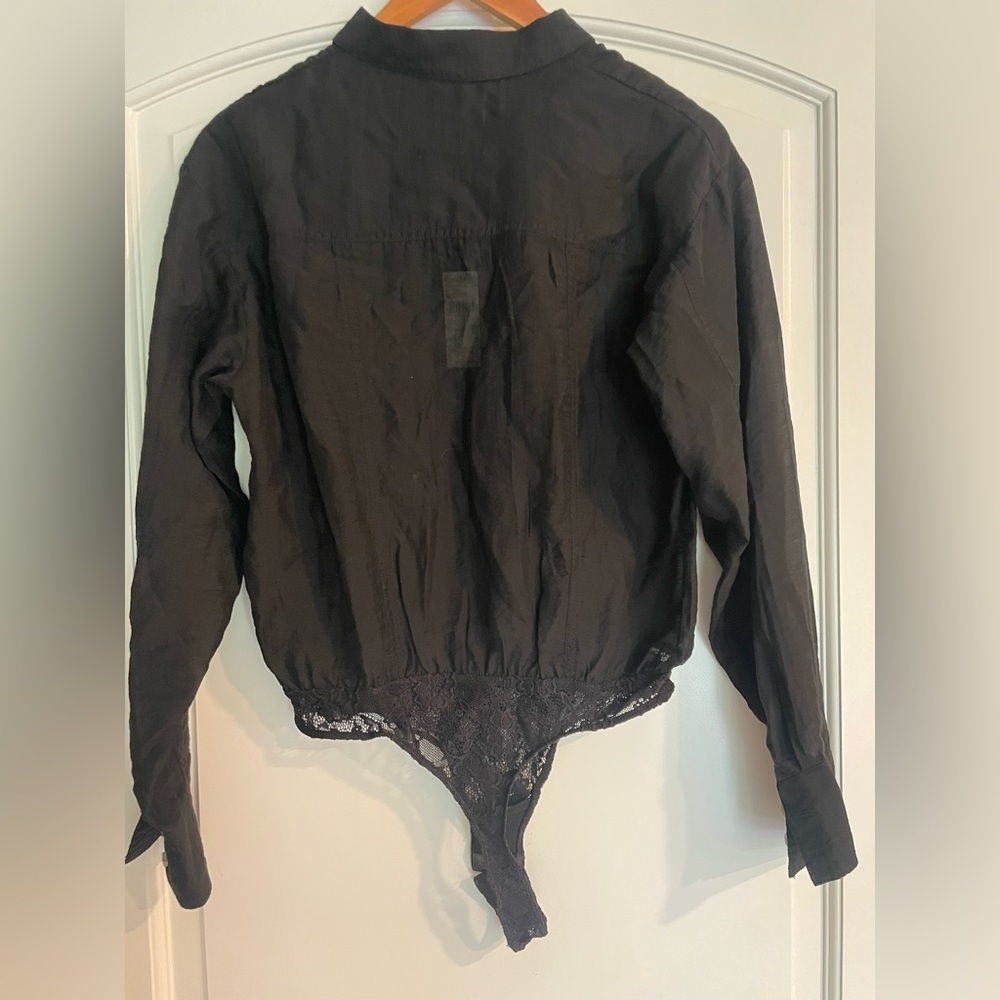 Pilcro Anthropologie Black Button-Front Bodysuit Blouse with Collar - Picture 4 of 13
